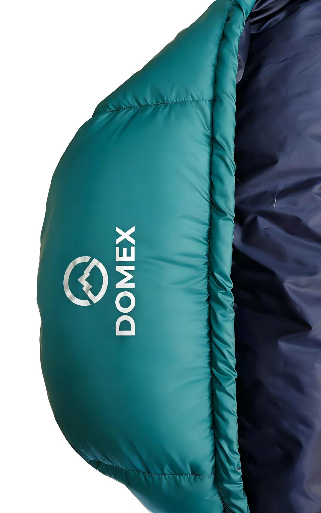 Close up of logo on hood of Domex Wanderer 300 - 2-season down bag - teal with blue lining