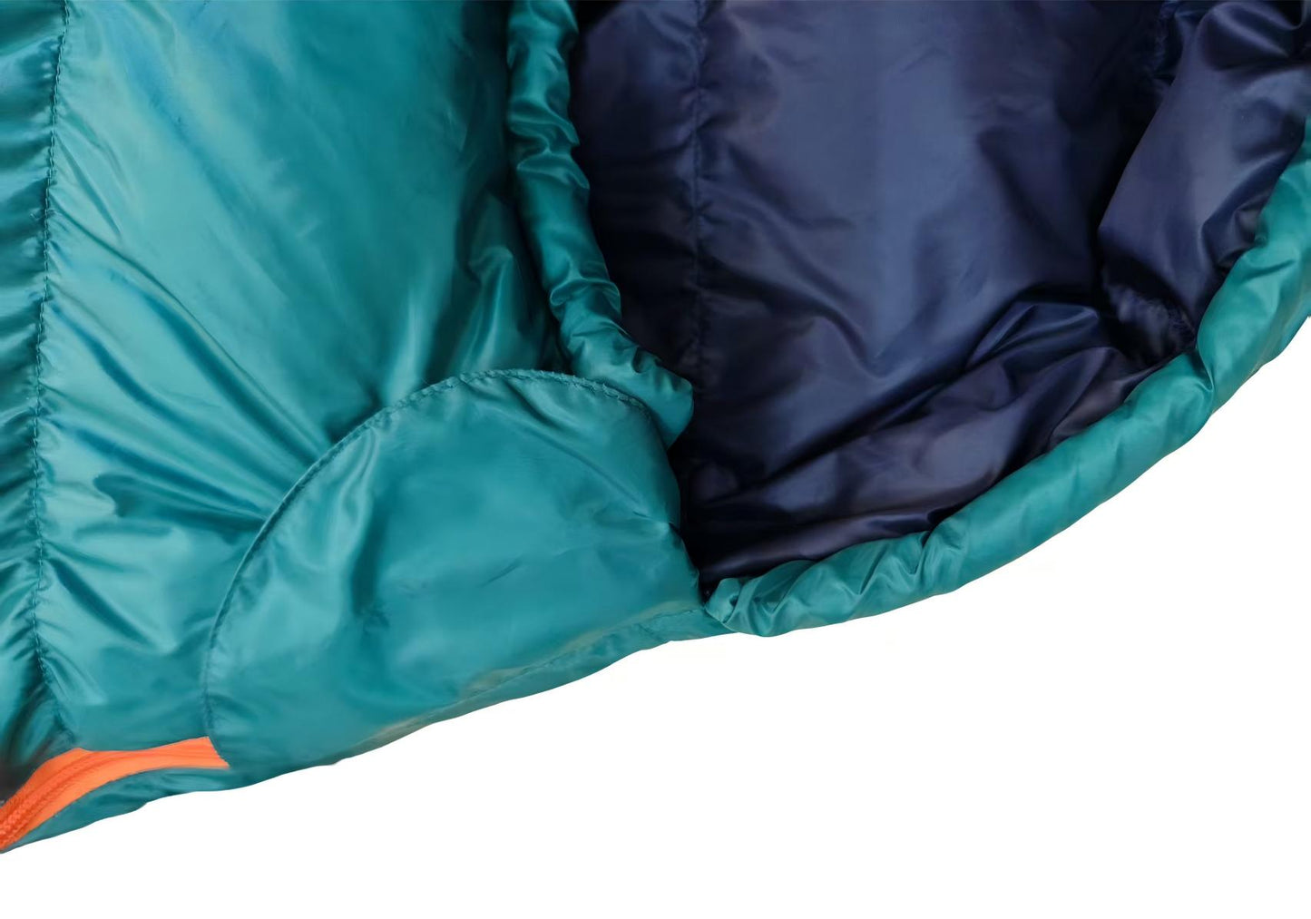 Close up of closure Domex Wanderer 300 - 2-season down bag - shown in the closed position - teal with navy lining