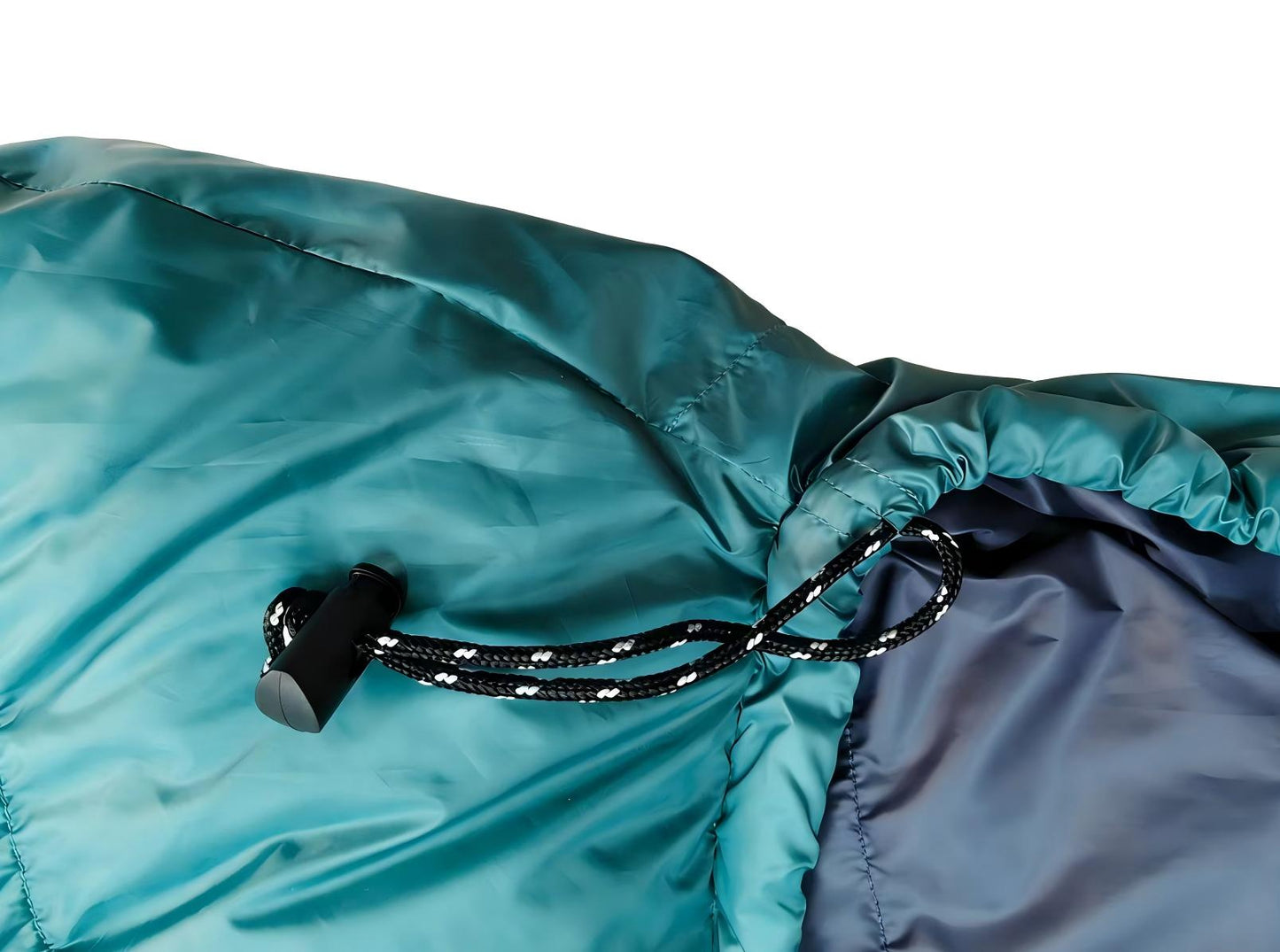 Close up of closure Domex Wanderer 300 - 2-season down bag - shown in the closed position - teal with navy lining