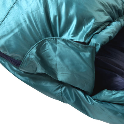 Close up of closure Domex Wanderer 300 - 2-season down bag - shown in the closed position - teal with navy lining
