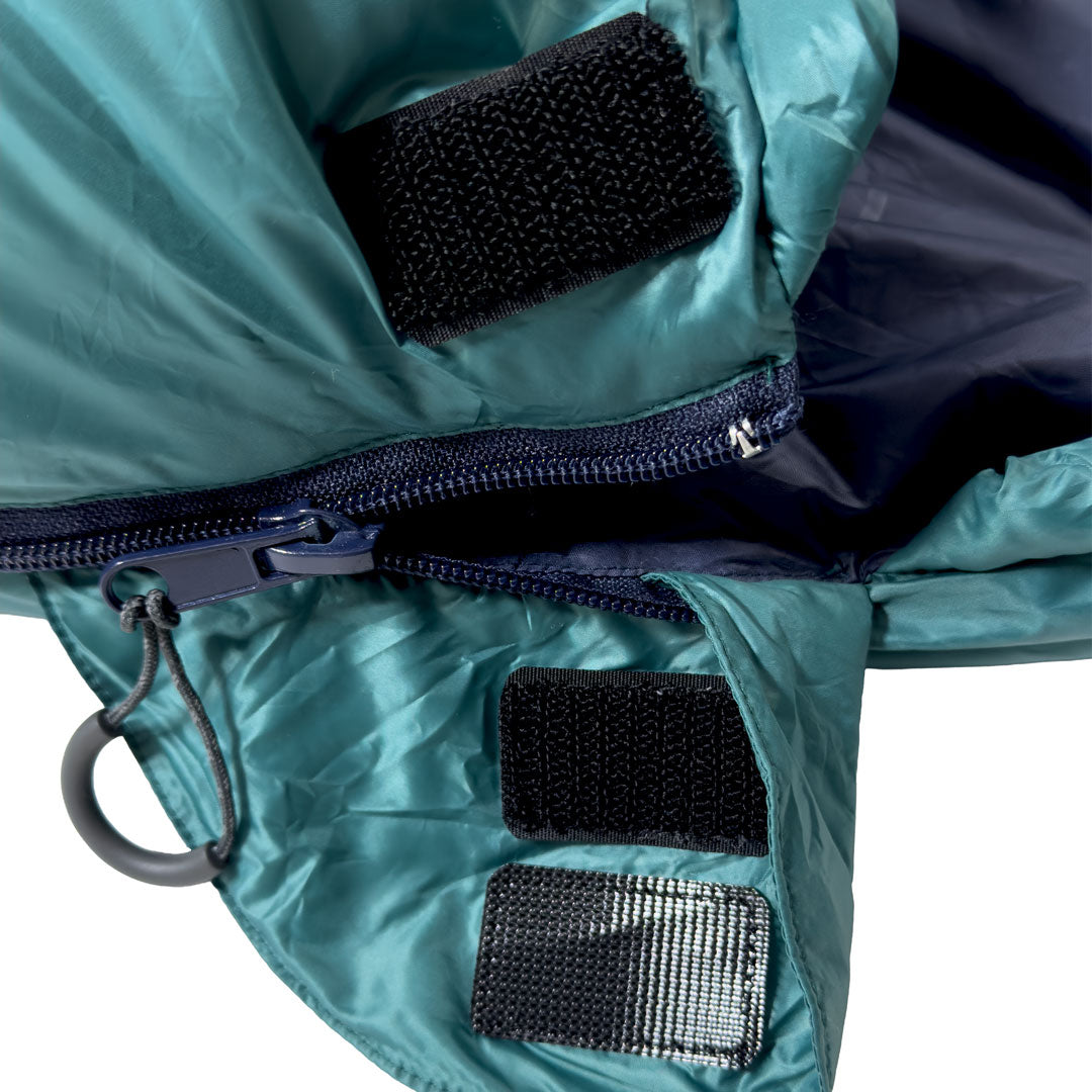 Close up of closure Domex Wanderer 300 - 2-season down bag - shown in the open position - teal with navy lining