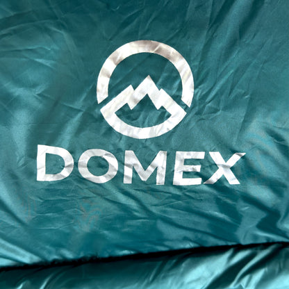 Close up of logo on Domex Wanderer 300 - 2-season down bag - teal