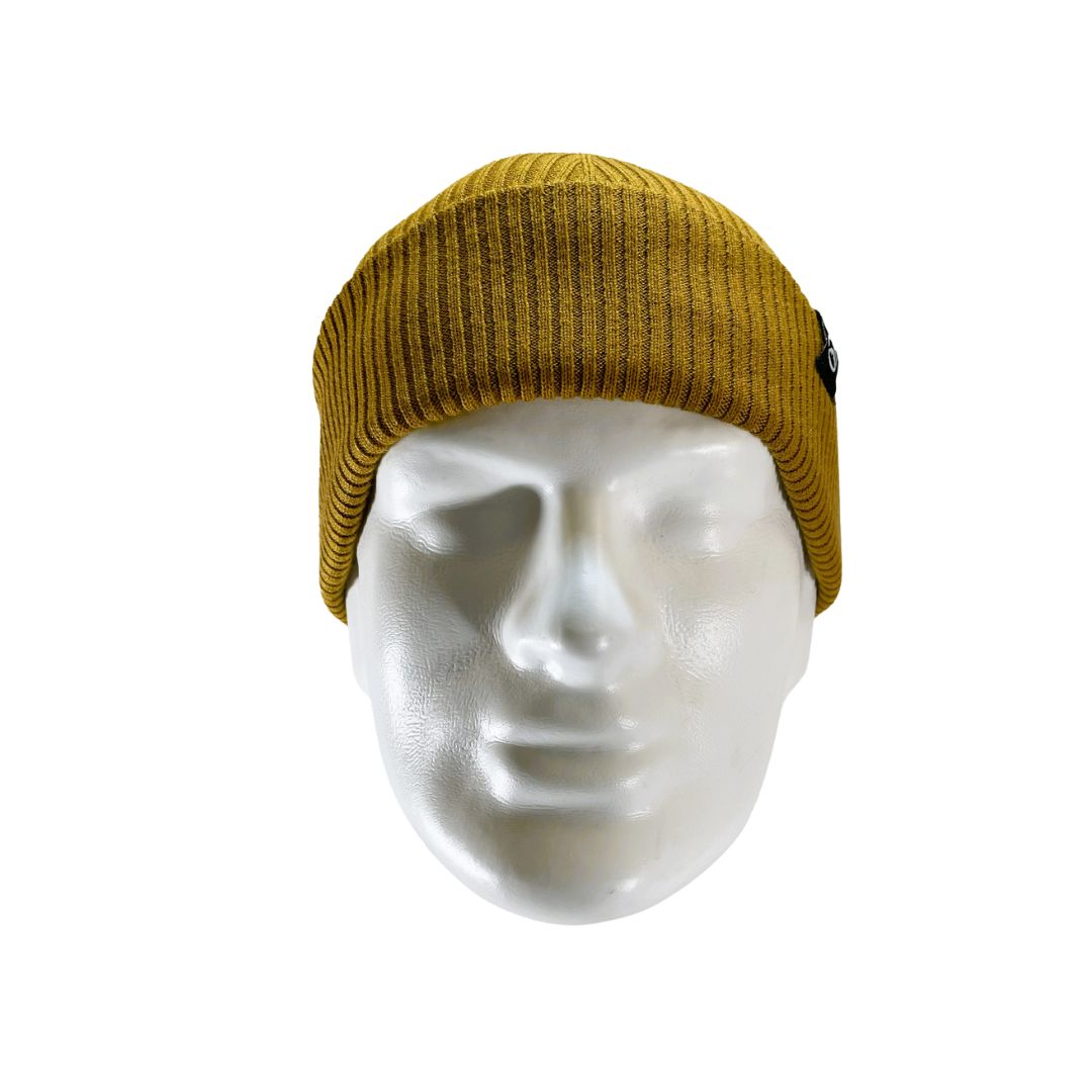 From view of Domex wool-rich blend fine rib-knit Fisherman's beanie with cuffed hem - Mustard