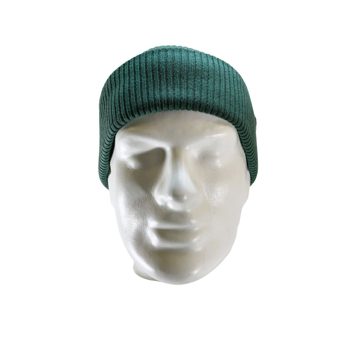 From view of Domex wool-rich blend fine rib-knit Fisherman's beanie with cuffed hem - Sage Green