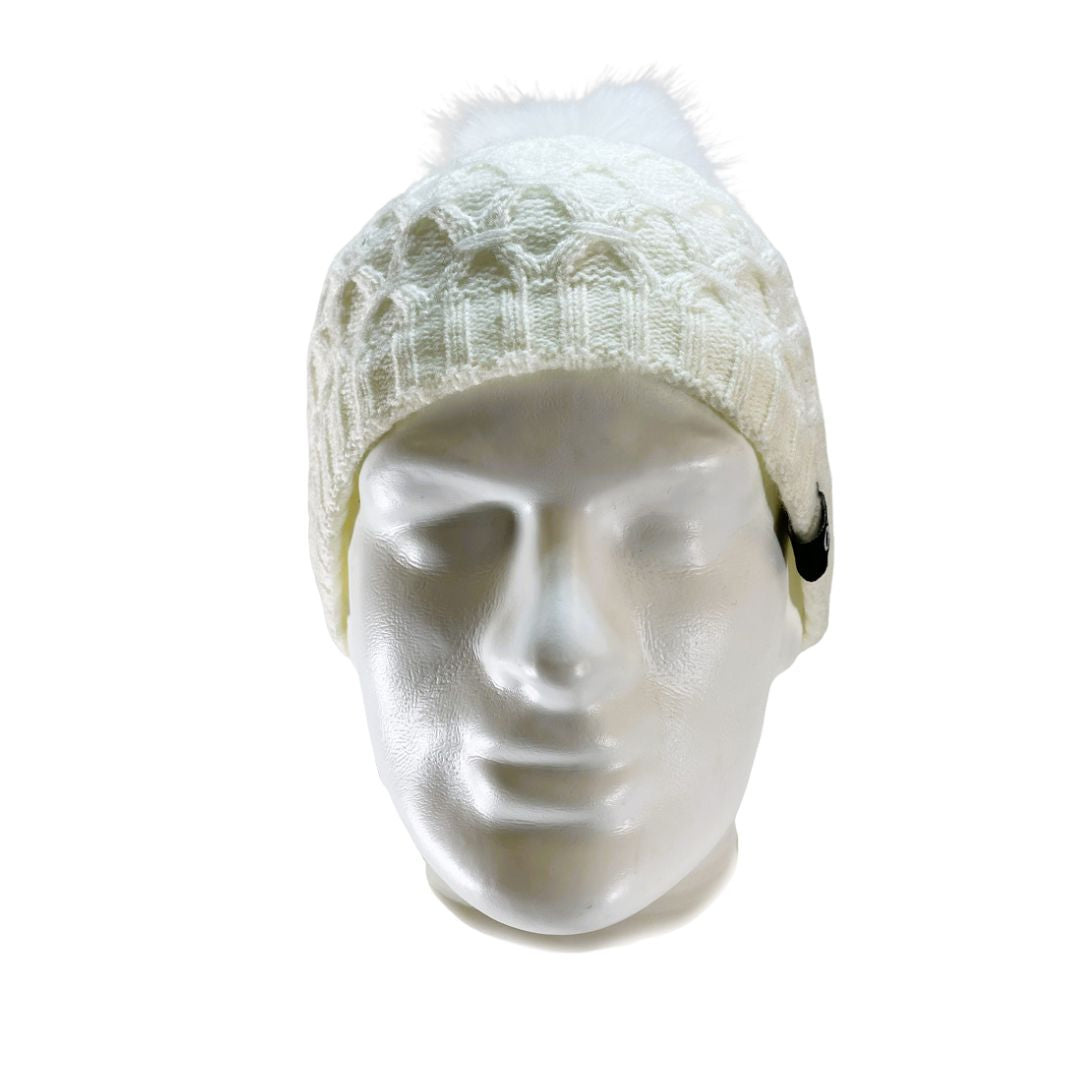 Front view of Domex Honeycomb-knit cuffless beanie with fluffy faux fur accent pom pom - white