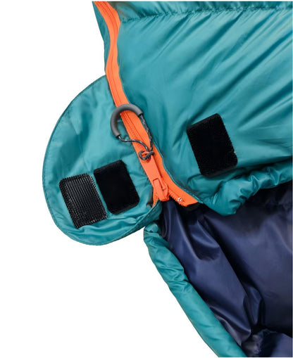 Close up of closure Domex Wanderer 300 - 2-season down bag - shown in the open position - teal with navy lining