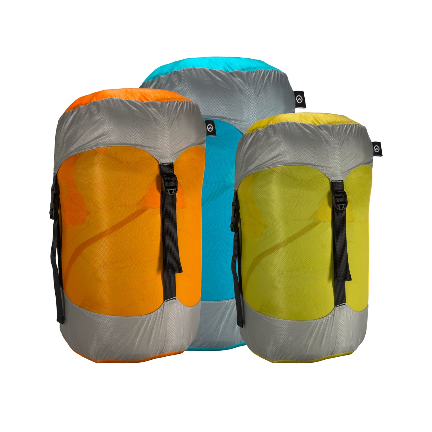 Three Domex compression sacks - Teal and Grey, Orange and Grey, Blue and Grey