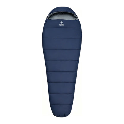 Front view of Domex Stratus 300 synthetic mummy sleeping bag, zipped closed, showing horizontal quilted baffles, grey-lined 3D hood and white Domex Stratus 300 logo on the chest – Blue. Ships Within New Zealand | DOM210