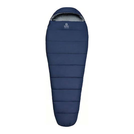 Front view of Domex Stratus 300 synthetic mummy sleeping bag, zipped closed, showing horizontal quilted baffles, grey-lined 3D hood and white Domex Stratus 300 logo on the chest – Blue. Ships Within New Zealand | DOM210