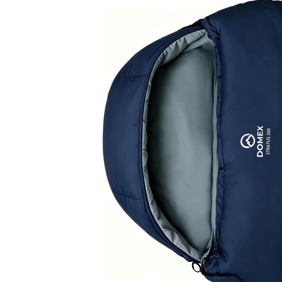 Close-up view of Domex Stratus 300 hood opening showing the soft grey polyester pongee lining, insulated draught collar and zip with Domex Stratus 300 logo – Blue | DOM210