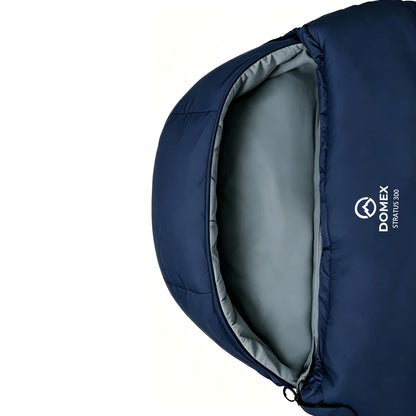 Close-up view of Domex Stratus 300 hood opening showing the soft grey polyester pongee lining, insulated draught collar and zip with Domex Stratus 300 logo – Blue | DOM210